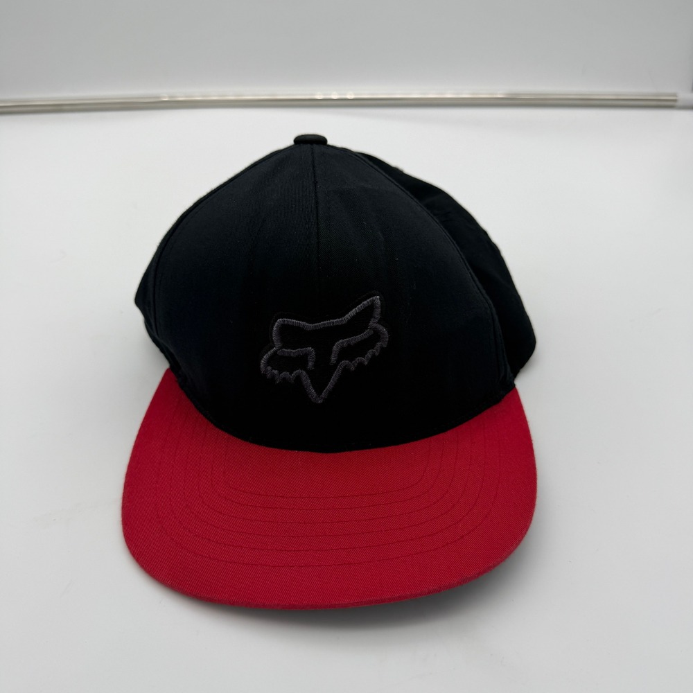 Fox Racing Snapback Hat Black Red Fox Head Logo Embroidered Flat Brim OSFA Cap